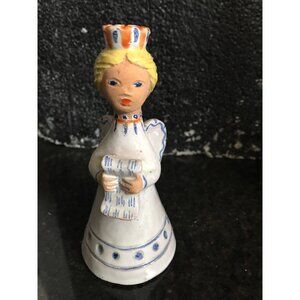 Vtg Hungarian Candle Holder Folkloric Ceramic Hand Painted Angel Miniature Taper